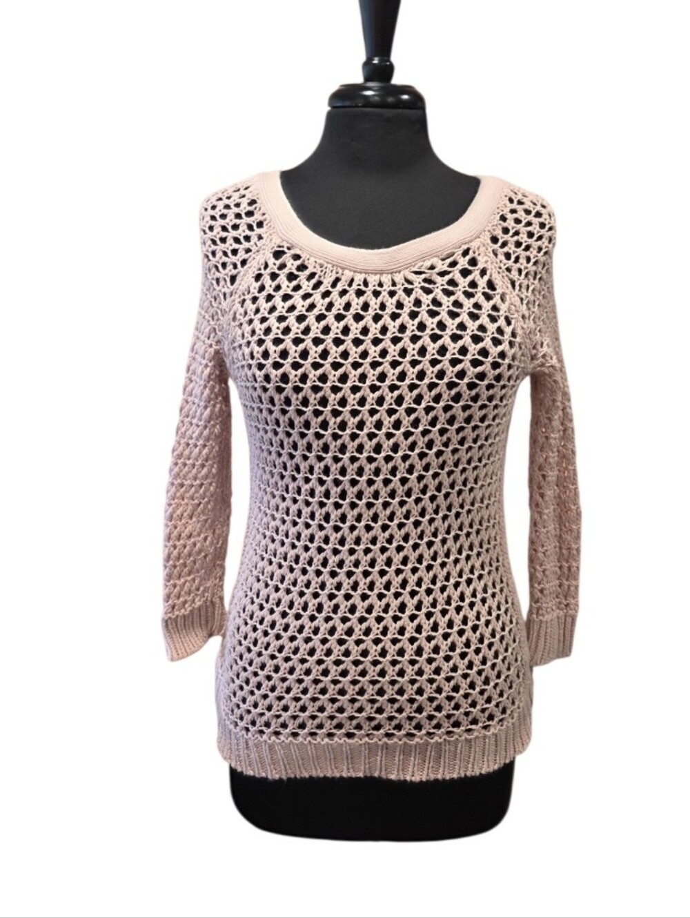 American Eagle Outfitters Crochet Light Pink Open-Weave Scoop Neck Sweater Beach